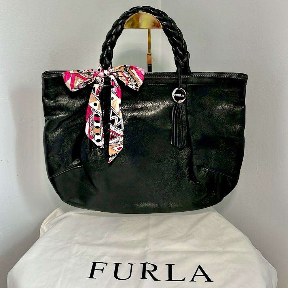 Furla Black Leather Tassel Tote w/ COA, Dust Bag & Scarf EUC No Callout MSRP$450